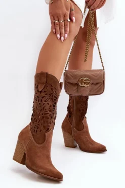 Zazoo 3414 Damskie Ażurowe Botki Na Słupku Zamszowe Brązowe