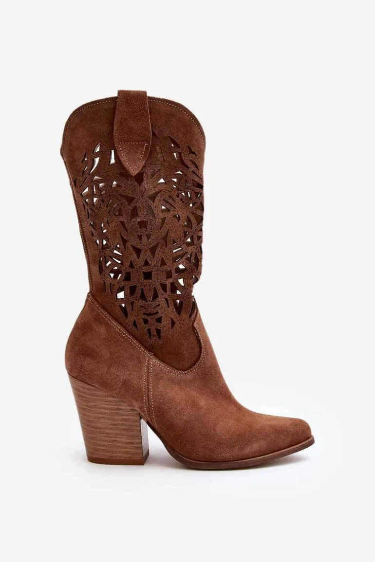 Zazoo 3414 Damskie Ażurowe Botki Na Słupku Zamszowe Brązowe