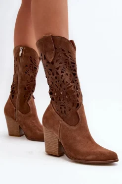 Zazoo 3414 Damskie Ażurowe Botki Na Słupku Zamszowe Brązowe