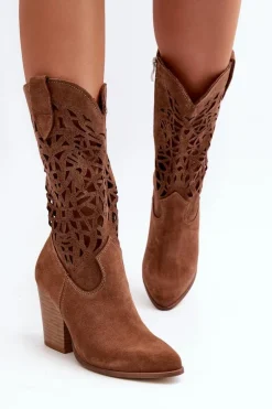 Zazoo 3414 Damskie Ażurowe Botki Na Słupku Zamszowe Brązowe