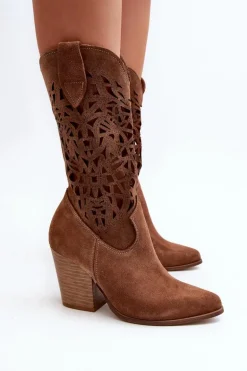 Zazoo 3414 Damskie Ażurowe Botki Na Słupku Zamszowe Brązowe