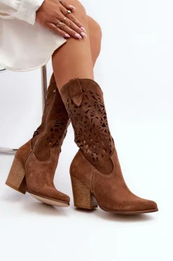 Zazoo 3414 Damskie Ażurowe Botki Na Słupku Zamszowe Brązowe
