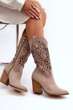 Zazoo 3414 Damskie Ażurowe Botki Na Słupku Zamszowe Cappucino