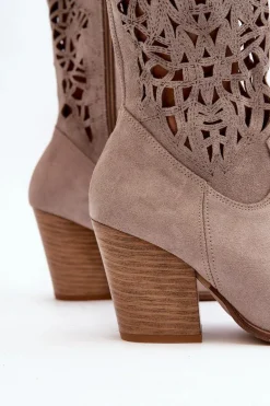 Zazoo 3414 Damskie Ażurowe Botki Na Słupku Zamszowe Cappucino