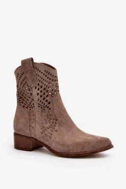 Zazoo 3305 Damskie Ażurowe Botki Kowbojki Na Niskim Obcasie Zamszowe Cappucino