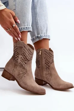 Zazoo 3305 Damskie Ażurowe Botki Kowbojki Na Niskim Obcasie Zamszowe Cappucino