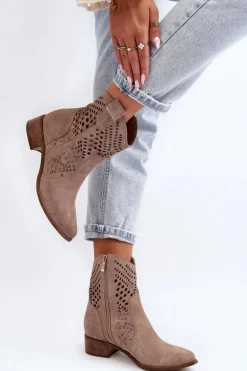 Zazoo 3305 Damskie Ażurowe Botki Kowbojki Na Niskim Obcasie Zamszowe Cappucino