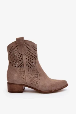 Zazoo 3305 Damskie Ażurowe Botki Kowbojki Na Niskim Obcasie Zamszowe Cappucino