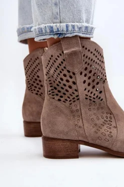 Zazoo 3305 Damskie Ażurowe Botki Kowbojki Na Niskim Obcasie Zamszowe Cappucino