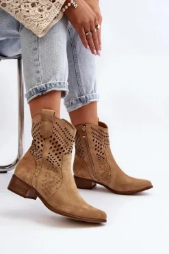 Zazoo 3305/2 Damskie Ażurowe Botki Kowbojki Na Niskim Obcasie Zamszowe Beżowe