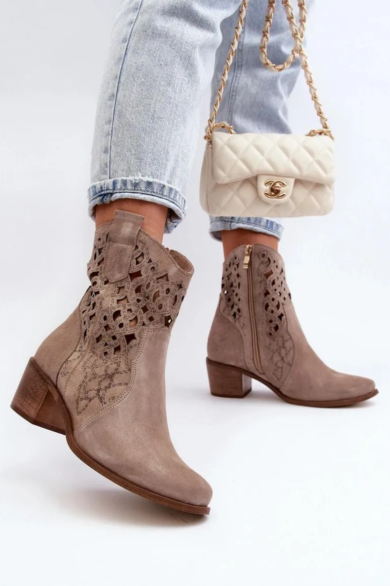Zazoo 3394 Damskie Botki Na Obcasie Ażurowe Cappucino