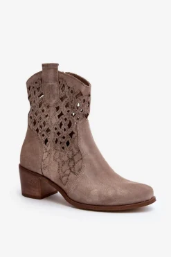 Zazoo 3394 Damskie Botki Na Obcasie Ażurowe Cappucino