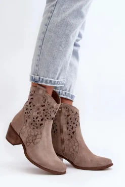 Zazoo 3394 Damskie Botki Na Obcasie Ażurowe Cappucino