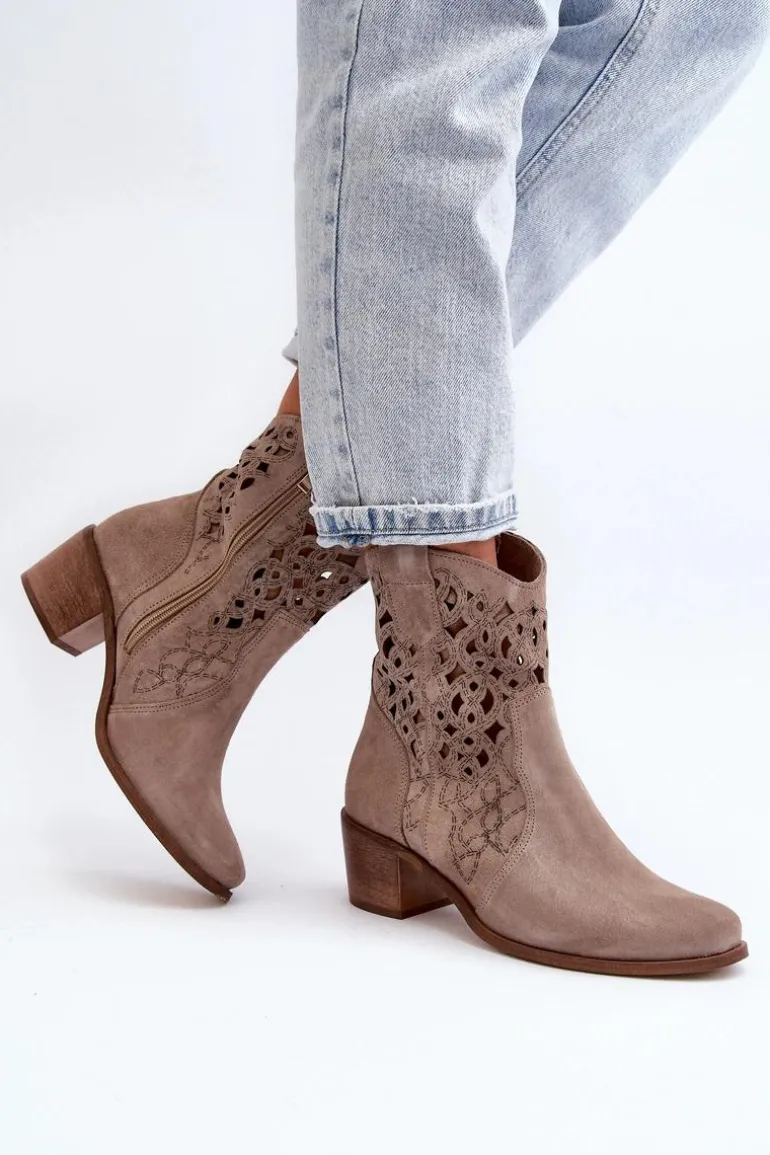 Zazoo 3394 Damskie Botki Na Obcasie Ażurowe Cappucino