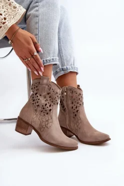 Zazoo 3394 Damskie Botki Na Obcasie Ażurowe Cappucino