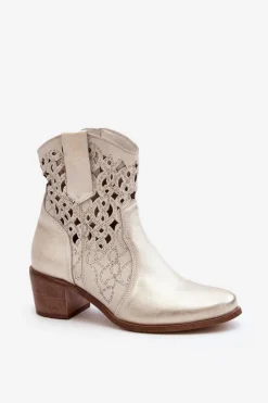 Zazoo 3394 Damskie Botki Na Obcasie Ażurowe Złote