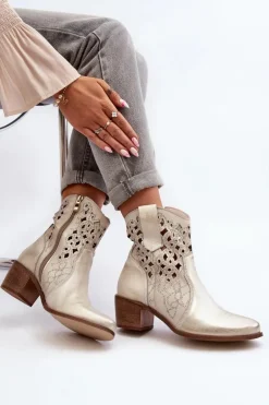 Zazoo 3394 Damskie Botki Na Obcasie Ażurowe Złote