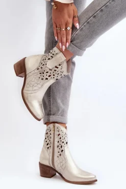 Zazoo 3394 Damskie Botki Na Obcasie Ażurowe Złote