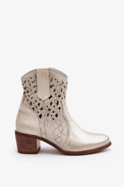 Zazoo 3394 Damskie Botki Na Obcasie Ażurowe Złote