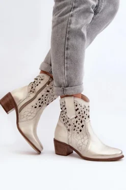 Zazoo 3394 Damskie Botki Na Obcasie Ażurowe Złote