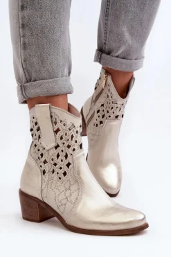 Zazoo 3394 Damskie Botki Na Obcasie Ażurowe Złote