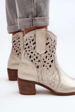Zazoo 3394 Damskie Botki Na Obcasie Ażurowe Złote