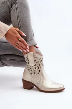 Zazoo 3394 Damskie Botki Na Obcasie Ażurowe Złote