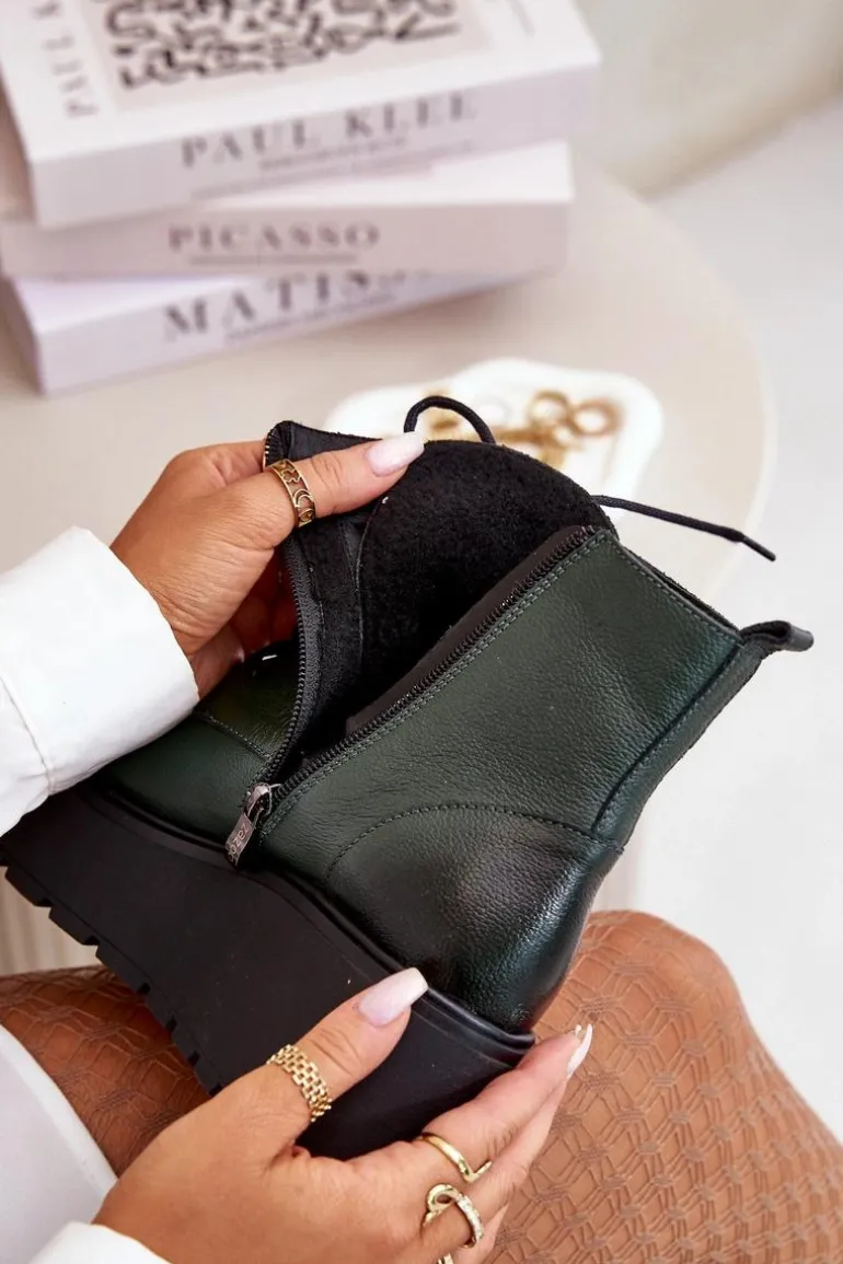 Zazoo 60499 Damskie Botki Na Platformie I Koturnie Ocieplane Skóra Naturalna Ciemnozielone