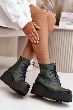 Zazoo 60499 Damskie Botki Na Platformie I Koturnie Ocieplane Skóra Naturalna Ciemnozielone
