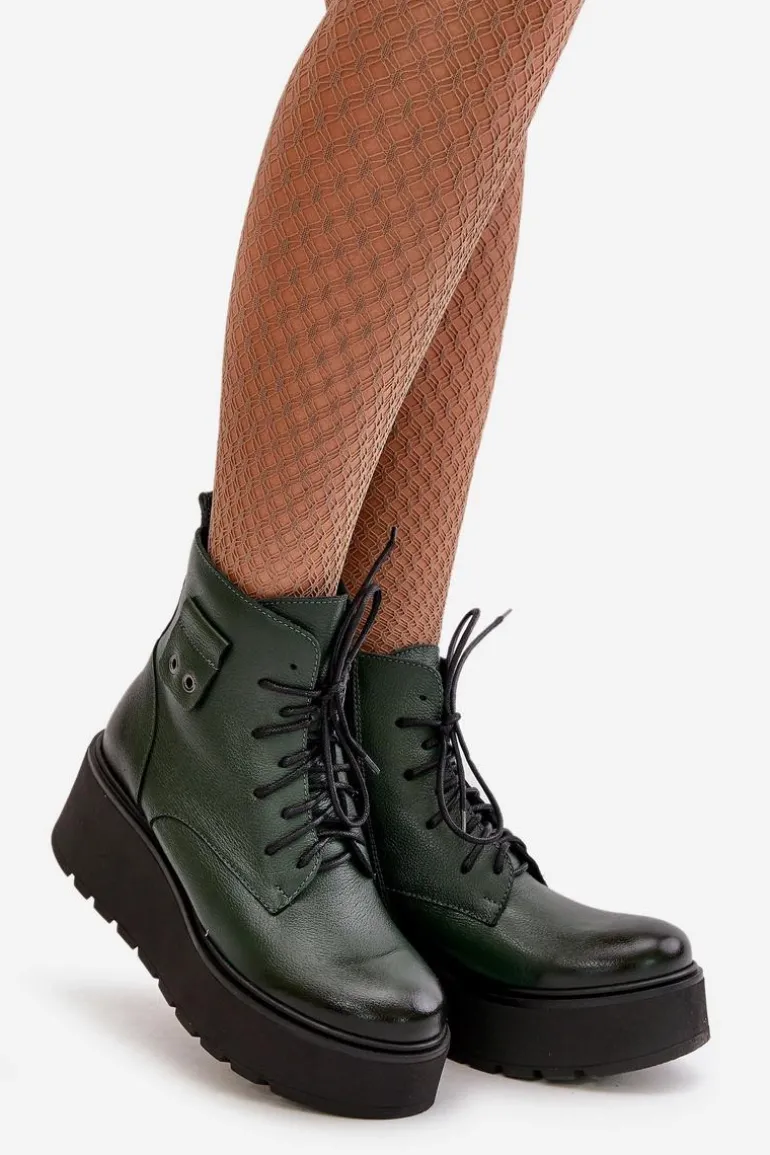 Zazoo 60499 Damskie Botki Na Platformie I Koturnie Ocieplane Skóra Naturalna Ciemnozielone