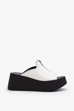 Zazoo 2916 Damskie Klapki Na Masywnej Platformie Z Suwakiem Białe