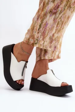 Zazoo 2916 Damskie Klapki Na Masywnej Platformie Z Suwakiem Białe