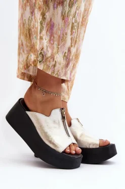 Zazoo 2916 Damskie Klapki Na Masywnej Platformie Z Suwakiem Złote