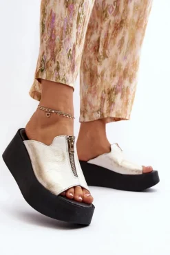 Zazoo 2916 Damskie Klapki Na Masywnej Platformie Z Suwakiem Złote