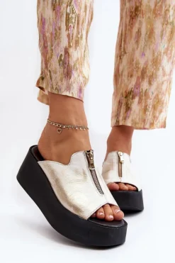 Zazoo 2916 Damskie Klapki Na Masywnej Platformie Z Suwakiem Złote