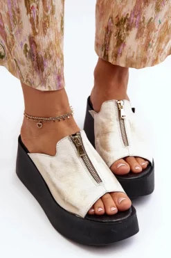 Zazoo 2916 Damskie Klapki Na Masywnej Platformie Z Suwakiem Złote