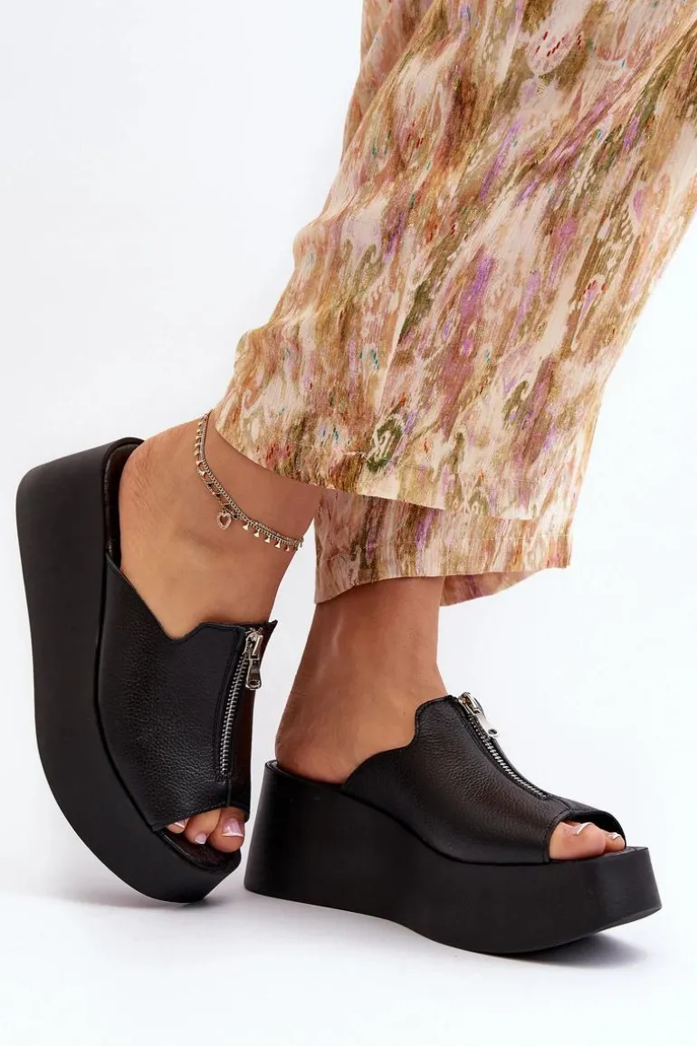 Zazoo 2916 Damskie Klapki Na Masywnej Platformie Z Suwakiem Czarne