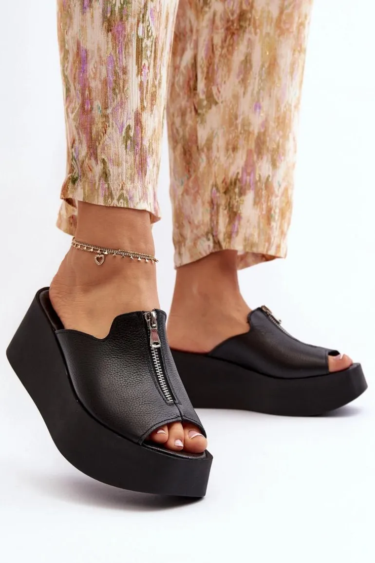 Zazoo 2916 Damskie Klapki Na Masywnej Platformie Z Suwakiem Czarne