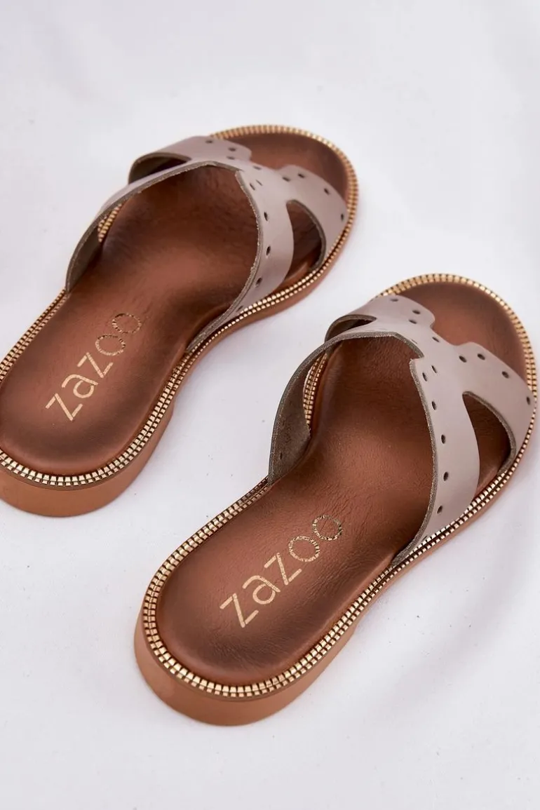 Zazoo 40326 Damskie Klapki Z Ozdobnymi Wycięciami Ciemnobeżowe