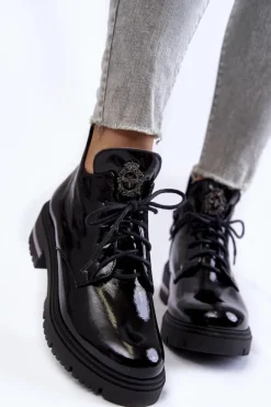 Zazoo 60309 Damskie Lakierowane Botki Na Płaskim Obcasie Czarne