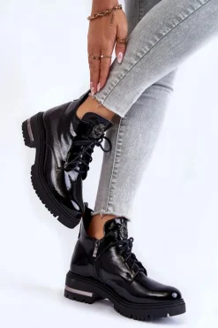 Zazoo 60309 Damskie Lakierowane Botki Na Płaskim Obcasie Czarne