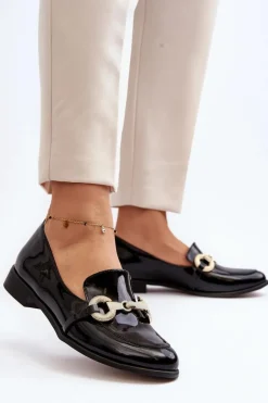 Zazoo 2880 Damskie Mokasyny Lakierowane Z Ozdobą Czarne