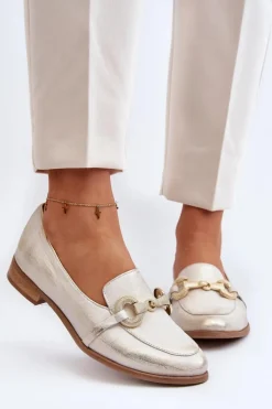 Zazoo 2880 Damskie Mokasyny Skórzane Z Ozdobą Złote