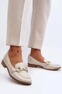 Zazoo 2880 Damskie Mokasyny Skórzane Z Ozdobą Złote