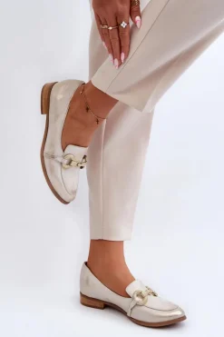 Zazoo 2880 Damskie Mokasyny Skórzane Z Ozdobą Złote