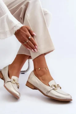 Zazoo 2880 Damskie Mokasyny Skórzane Z Ozdobą Złote