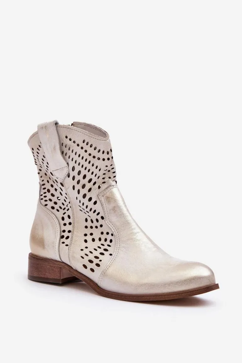 Zazoo 3305/2 Damskie Skórzane Ażurowe Botki Kowbojki Złote