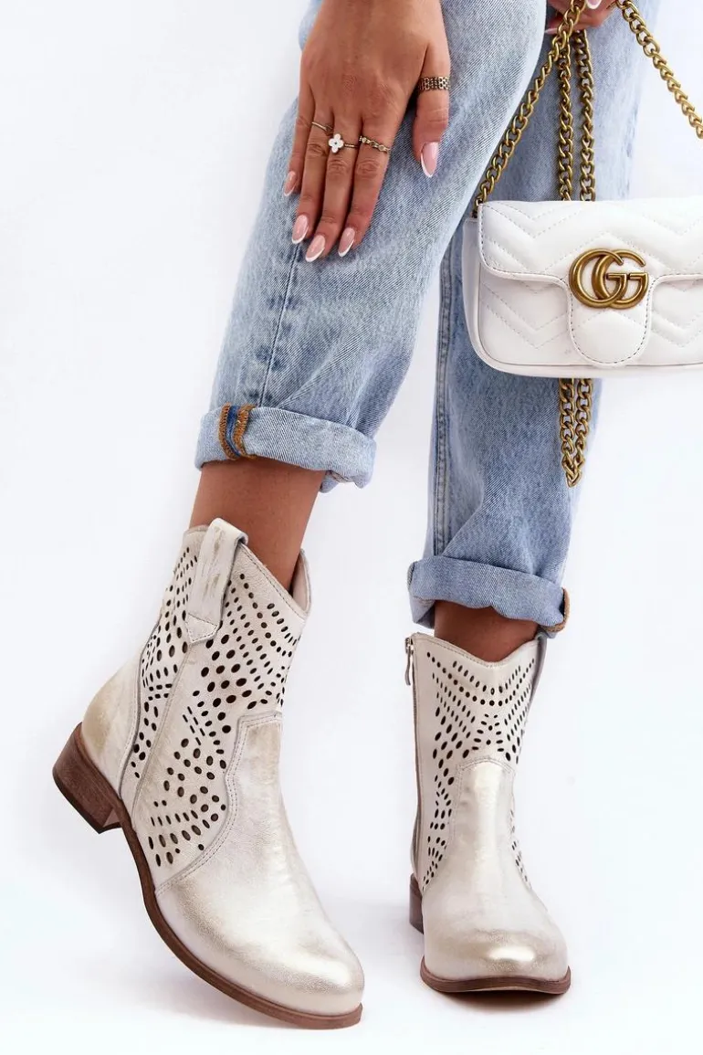 Zazoo 3305/2 Damskie Skórzane Ażurowe Botki Kowbojki Złote