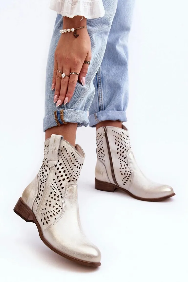 Zazoo 3305/2 Damskie Skórzane Ażurowe Botki Kowbojki Złote