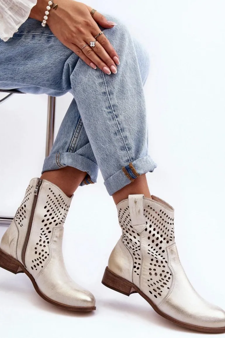 Zazoo 3305/2 Damskie Skórzane Ażurowe Botki Kowbojki Złote